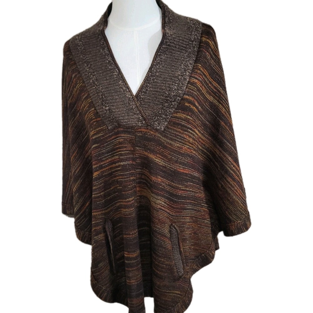 Vtg Curio New York Sweater Cape Poncho Womens Large Brown Striped V Neck Pockets